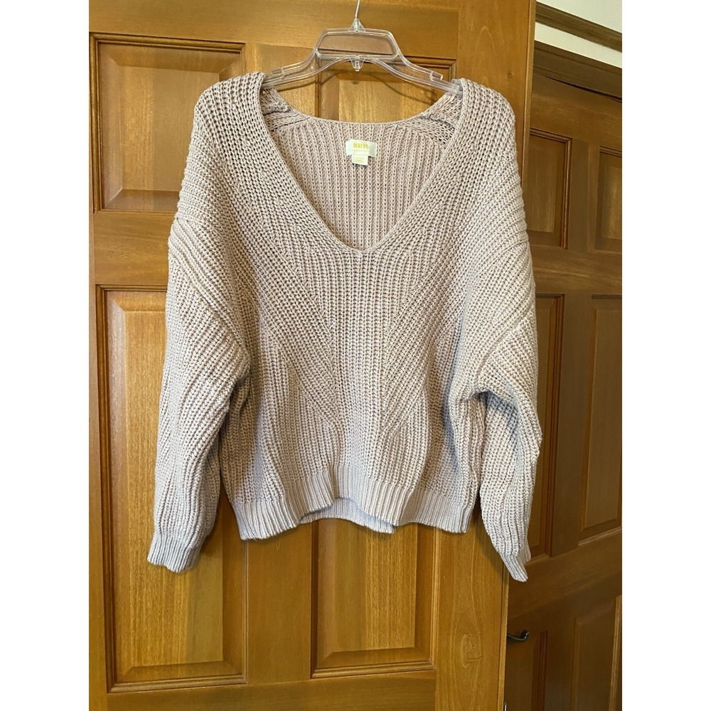 Anthropologie Maeve Womens Beige Large Chunky V Neck Sweater Wool Blend Cropped